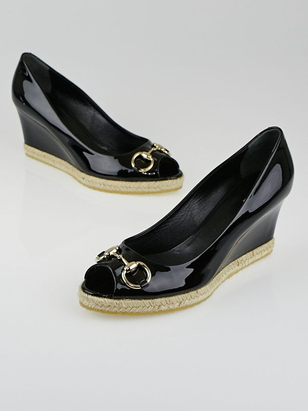 Gucci Black Patent Leather Peep-Toe Horsebit Espadrille Wedges Size 9/39.5