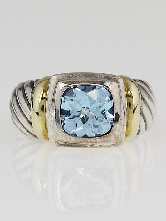 David Yurman Sterling Silver 14k Gold and Blue Topaz Cable Ring Size 6