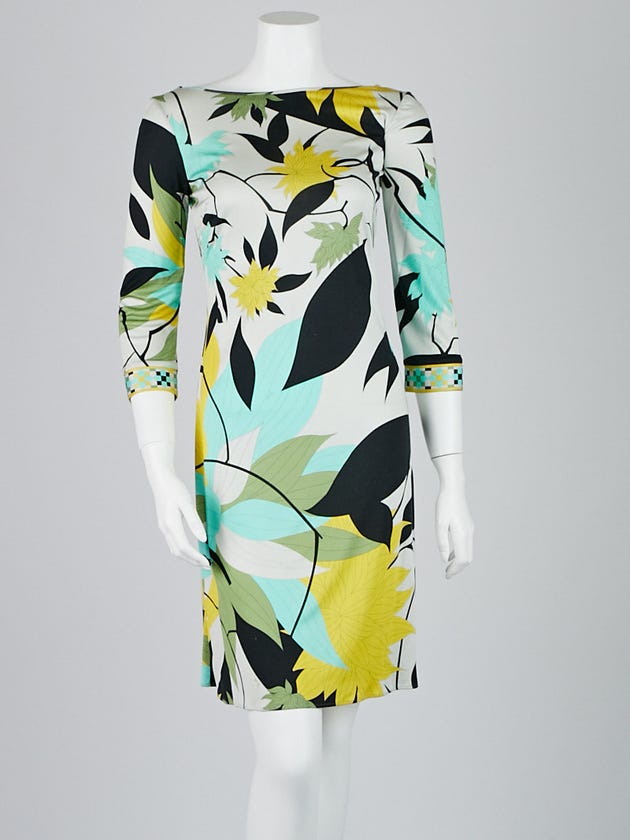 Emilio Pucci Green Floral Print Silk Long Sleeve Dress Size 12