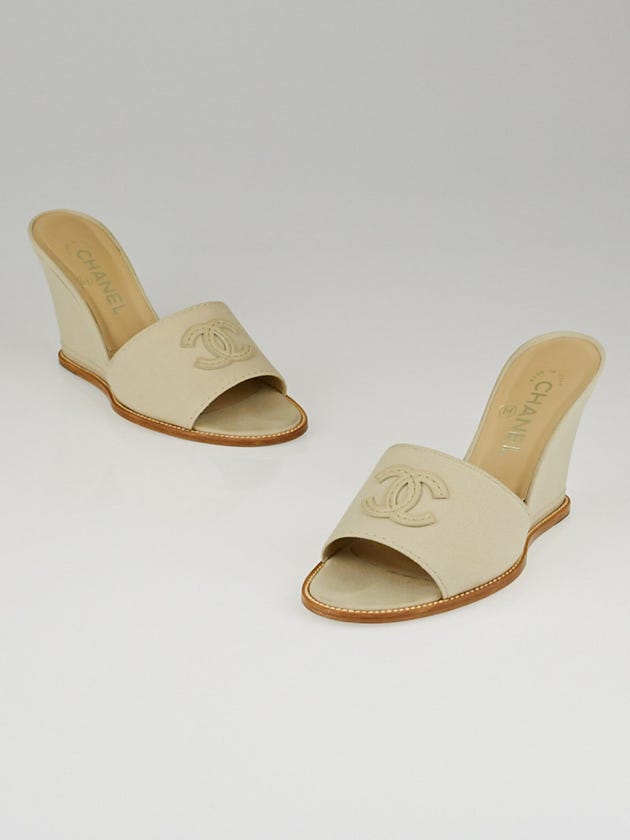 Chanel Beige Canvas CC Slide Mule Wedges Size 7/37.5