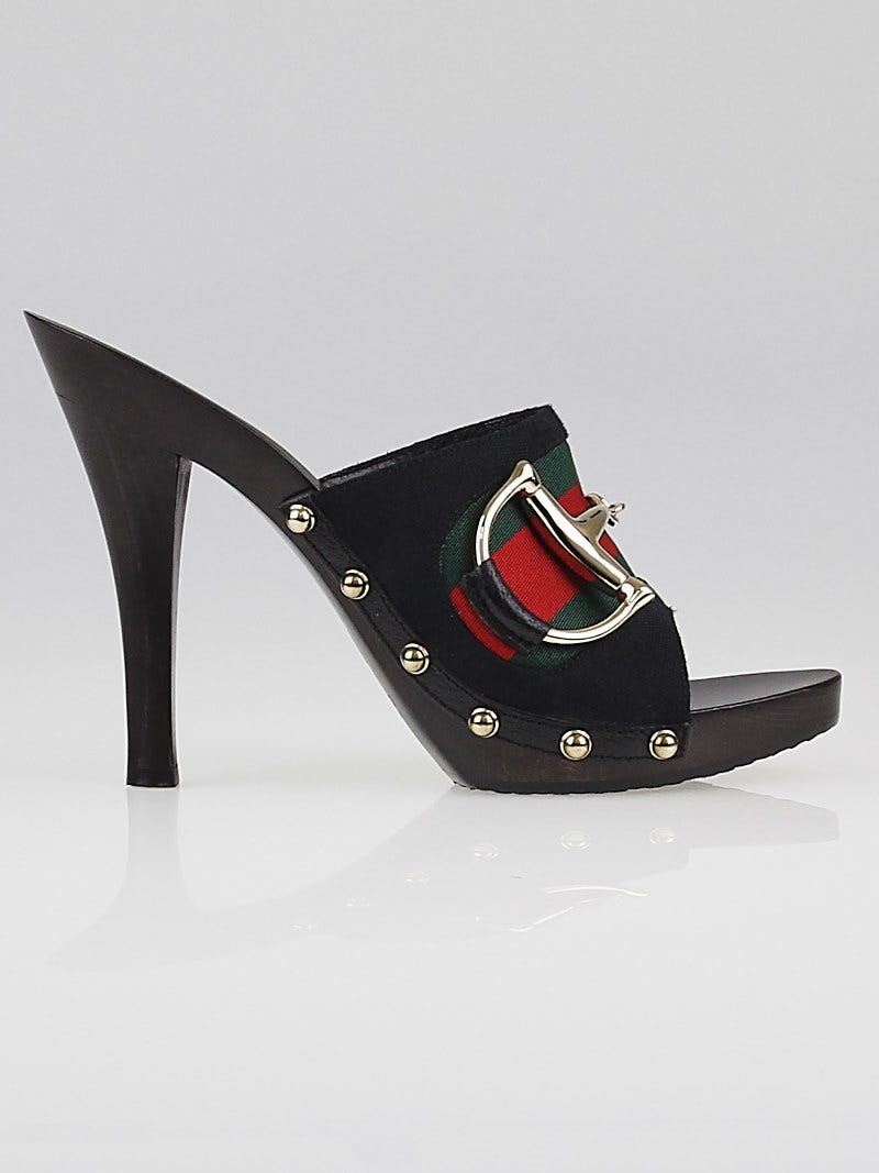 Gucci Canvas Green & Red Horsebit Mules Size 5