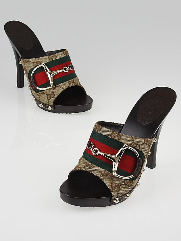 Gucci Beige/Ebony GG Canvas Vintage Web Horsebit Wood Mule Slide Sandals Size 7