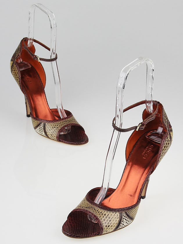 Gucci Beige/Burgundy Python Peep Toe Heels Size 10B