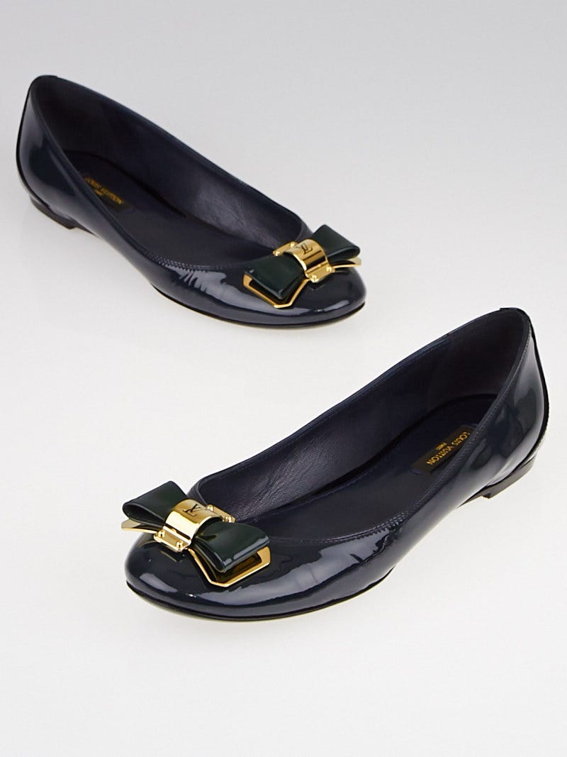 Louis Vuitton Teal Patent Leather Goldtone Metal Bow Flats Size 5/35.5