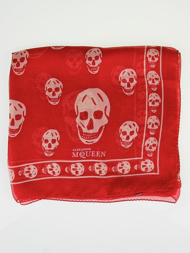 Alexander McQueen Red/White Classic Silk Chiffon Skull Scarf