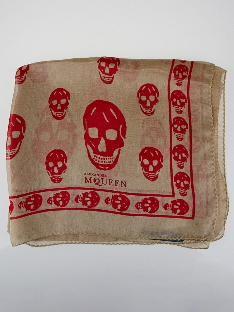 Alexander McQueen Beige/Red Classic Silk Chiffon Skull Scarf