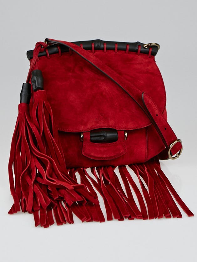 Gucci Red Suede Nouveau Suede Fringe Shoulder Bag