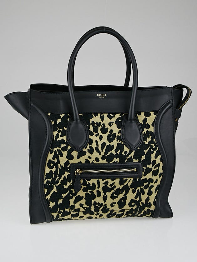 Celine Leopard Print Jute and Black Smooth Leather Medium Luggage Shopper Tote Bag
