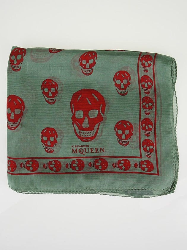Alexander McQueen Aqua/Red Classic Silk Chiffon Skull Scarf