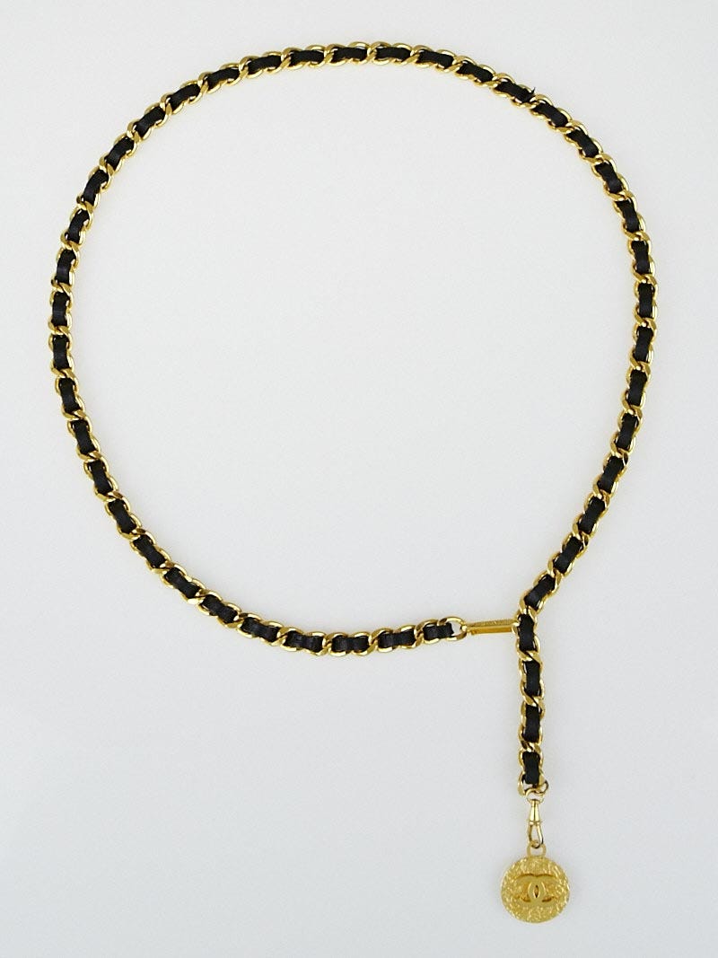 Chanel Black Leather and Gold Chain Medallion Belt Necklace at