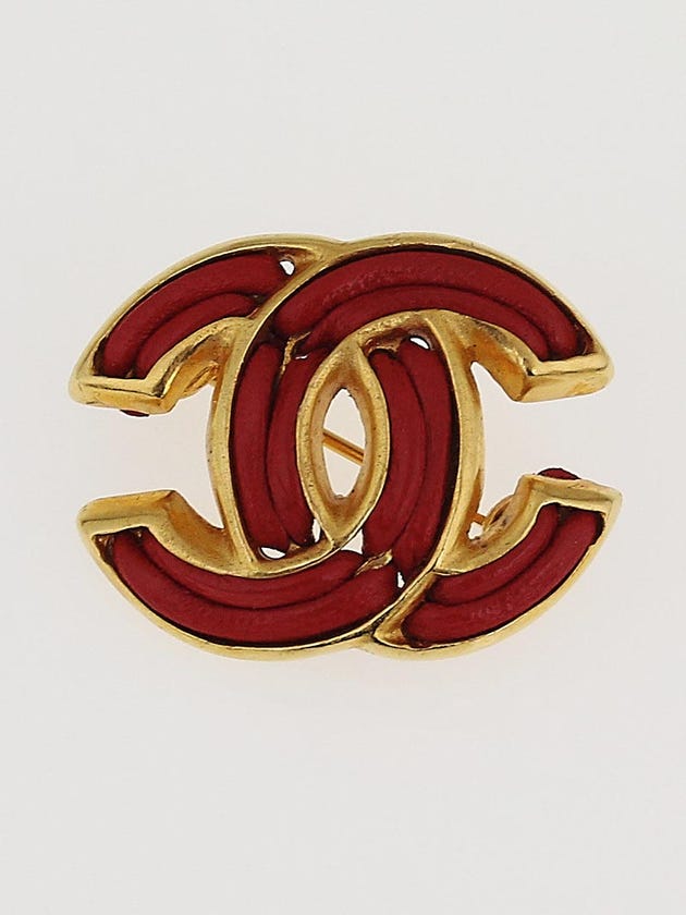 Chanel Goldtone and Red Leather CC Brooch