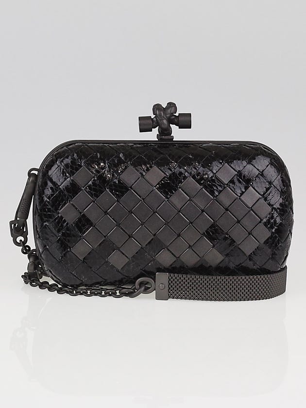 Bottega Veneta Black Shiny Ayers Mosaique Knot Clutch Bag