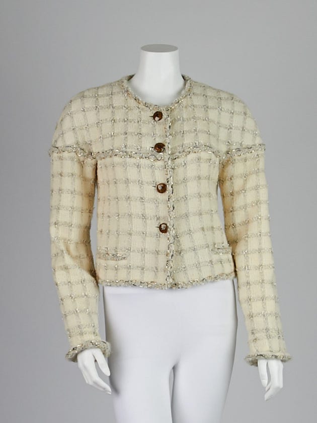 Chanel Ecru Grid Wool Blend Tweed Jacket Size 6/38