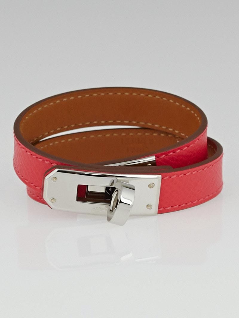 Hermes Rose Jaipur Epsom Leather Palladium Plated Kelly Double Tour Bracelet Size S