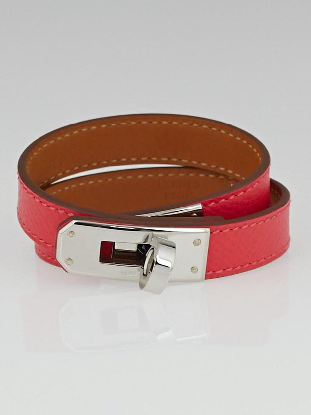 Hermes Rose Jaipur Epsom Leather Palladium Plated Kelly Double Tour Bracelet Size S