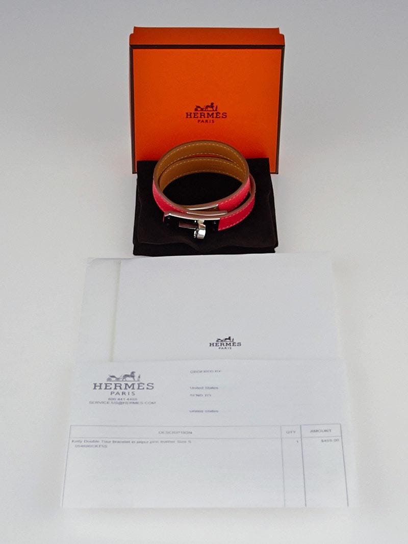 Hermes Rose Jaipur Epsom Leather Palladium Plated Kelly Double Tour  Bracelet Size S - Yoogi's Closet