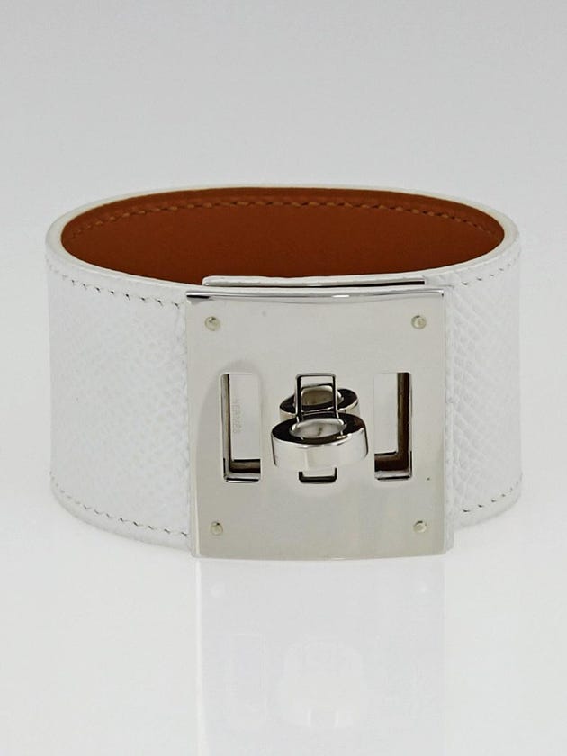 Hermes White Epsom Leather Palladium Plated Kelly Dog Cuff Bracelet