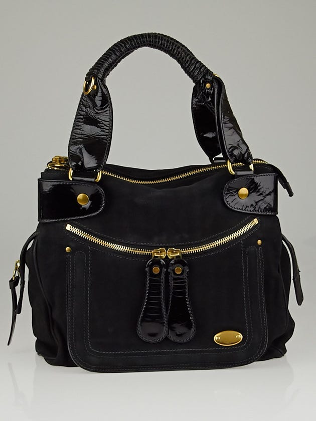 Chloe Black Nubuck and Patent Leather Large Bay Tote Bag