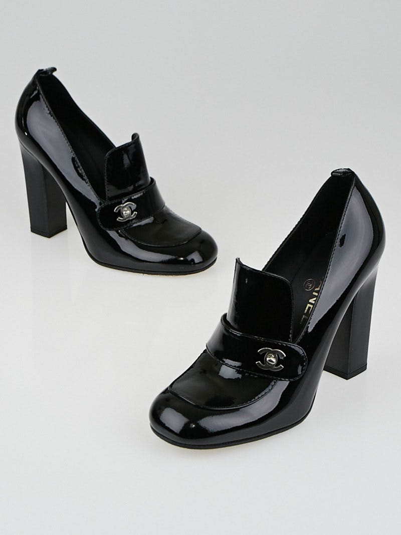 Vintage Chanel White Leather Black Patent Platform Heel Pumps EU 39 US 8.5
