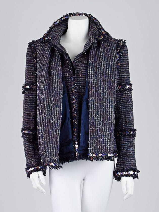 Chanel Blue Boucle Tweed Sequined Jacket and Scarf Size 16/48