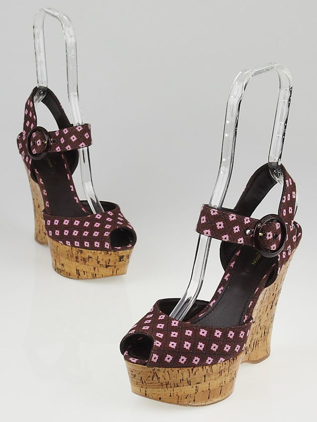 Louis Vuitton Pink Fabric Peep-Toe Cork Wedge Sandals Size 7/37.5