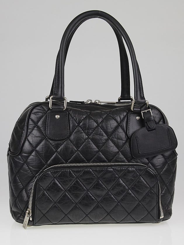 Chanel Black Quilted Distressed Lambskin Leather Small Shoe Luggage Tote Bag (Paris New York PNY)