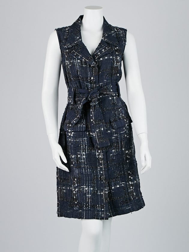 Chanel Blue Silk Blend Quilted Button Up Dress Size 6/38