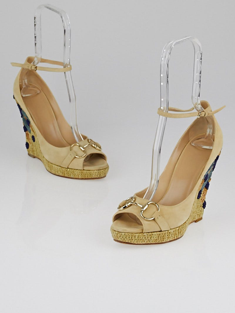 Gucci Beige Suede Horsebit Ankle Strap Wedges Size 7.5