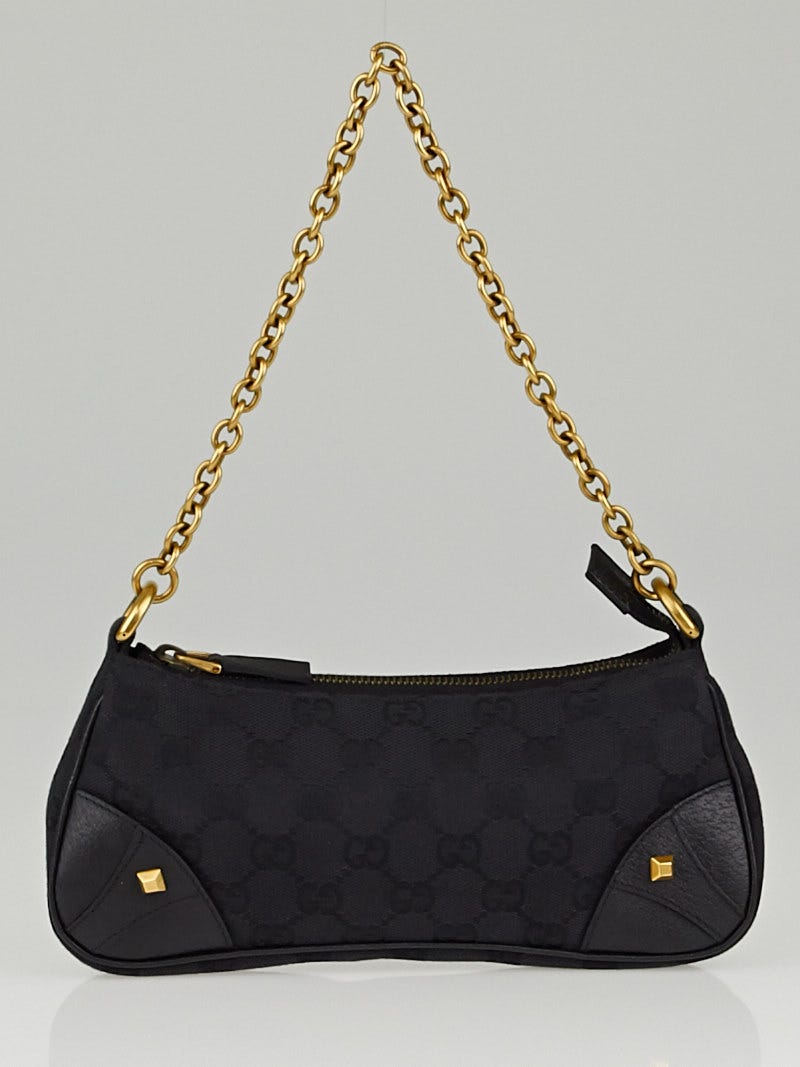 Gucci Black Signature GG Canvas Chain Link Nailhead Pochette Handbag