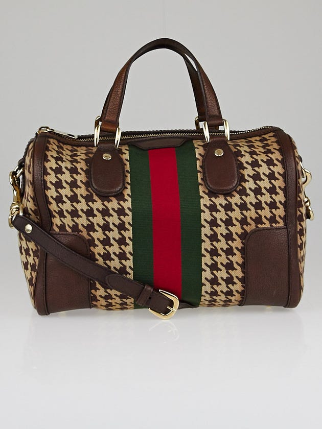 Gucci Leather Brown Pied-de-Poule Fabric 'Seventies' Web Joy Boston Bag w/ Shoulder Strap
