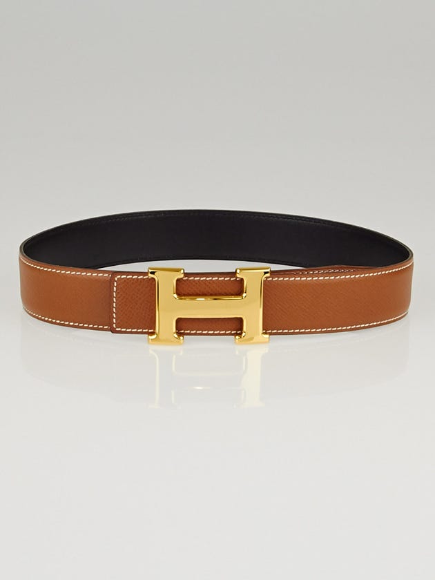 Hermes 32mm Gold Courchevel/Black Box Leather Gold Plated Constance H Belt Size 60