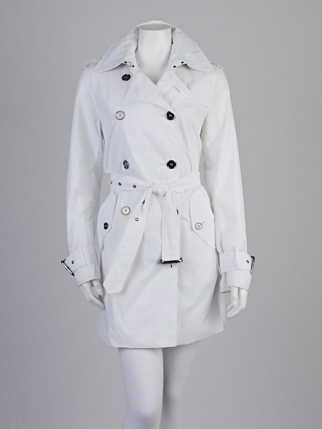 Burberry London White Nylon Double Breasted Belted Rain Jacket Size 8
