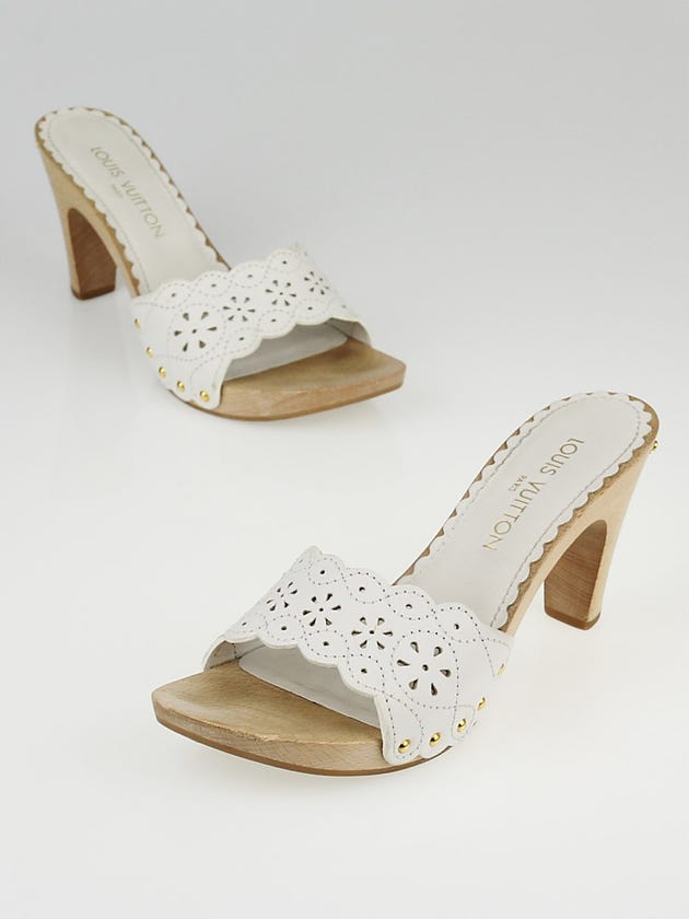 Louis Vuitton White Leather Cut-Out Wood Clogs Size 8.5/39