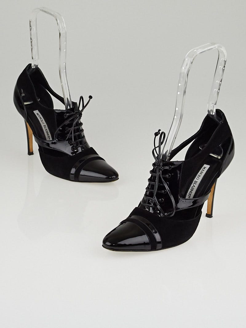 Manolo Blahnik Black Patent Leather/Suede Lace Up Pumps Size