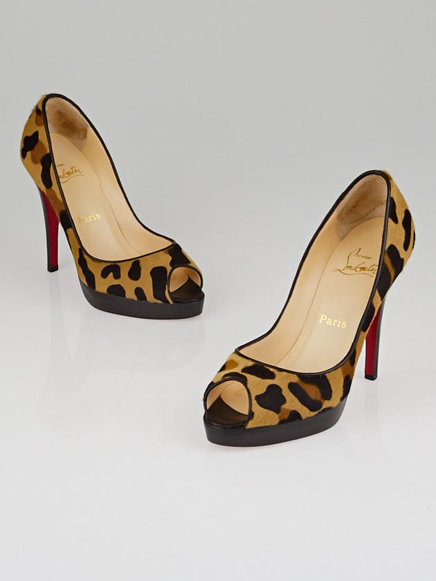 Christian Louboutin Kamari/Brown Leopard Print Pony Hair Yoyo Zeppa Peep-Toe Pumps Size 6.5/37