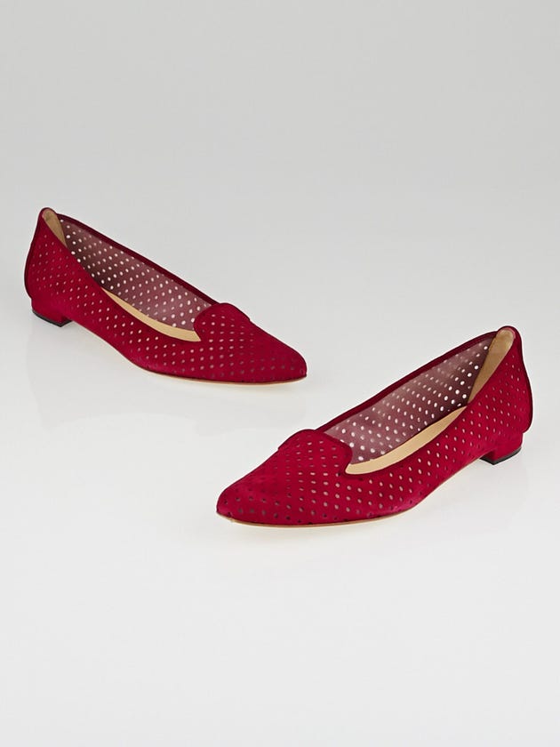 Manolo Blahnik Red Perforated Suede Loafer Flats Size 6.5/37