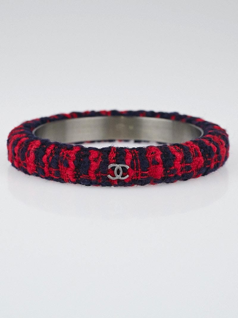 Chanel Red/Blue Tweed CC Bangle Bracelet Size M