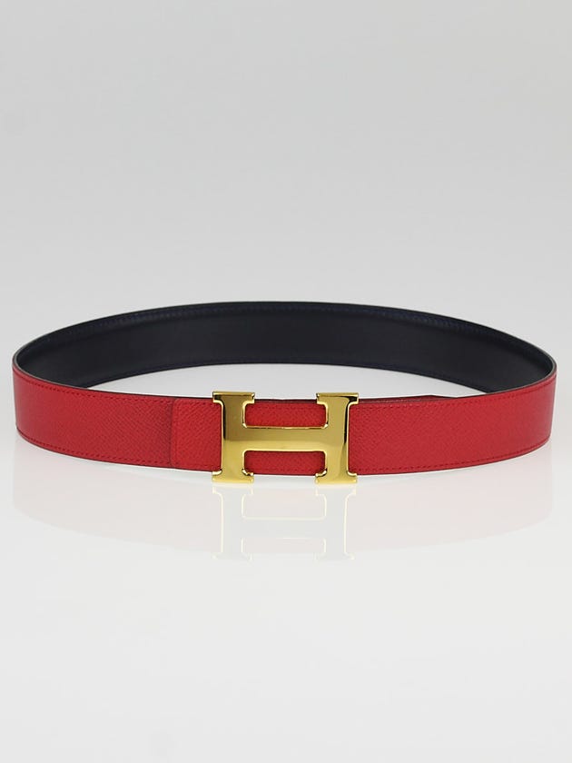 Hermes 32mm Red Courchevel / Navy Blue Box Leather Gold Plated Constance H Belt Size 70