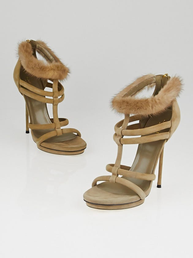 Gucci Grey Suede and Mink Camila T-Strap Sandals Size 7.5/38