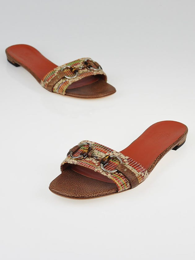 Gucci Multicolor Raffia Bamboo Slide Sandals Size 7.5/38
