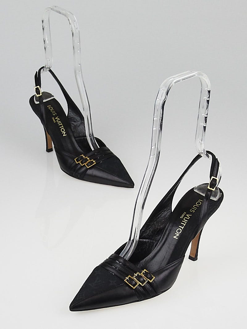 Louis Vuitton Black Monogram Canvas and Leather Pointed Toe Slingback Heels  7.5/38 - Yoogi's Closet