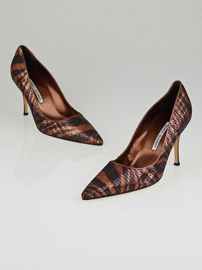 Manolo Blahnik Bronze/Black Tiger Stripe Sequin Pumps Size