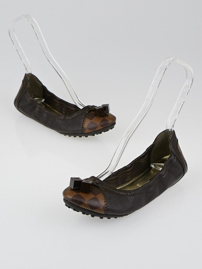 Louis Vuitton Brown Leather and Damier Canvas Lovely Ballerina Flats Size 8/ 38.5 - Yoogi's Closet