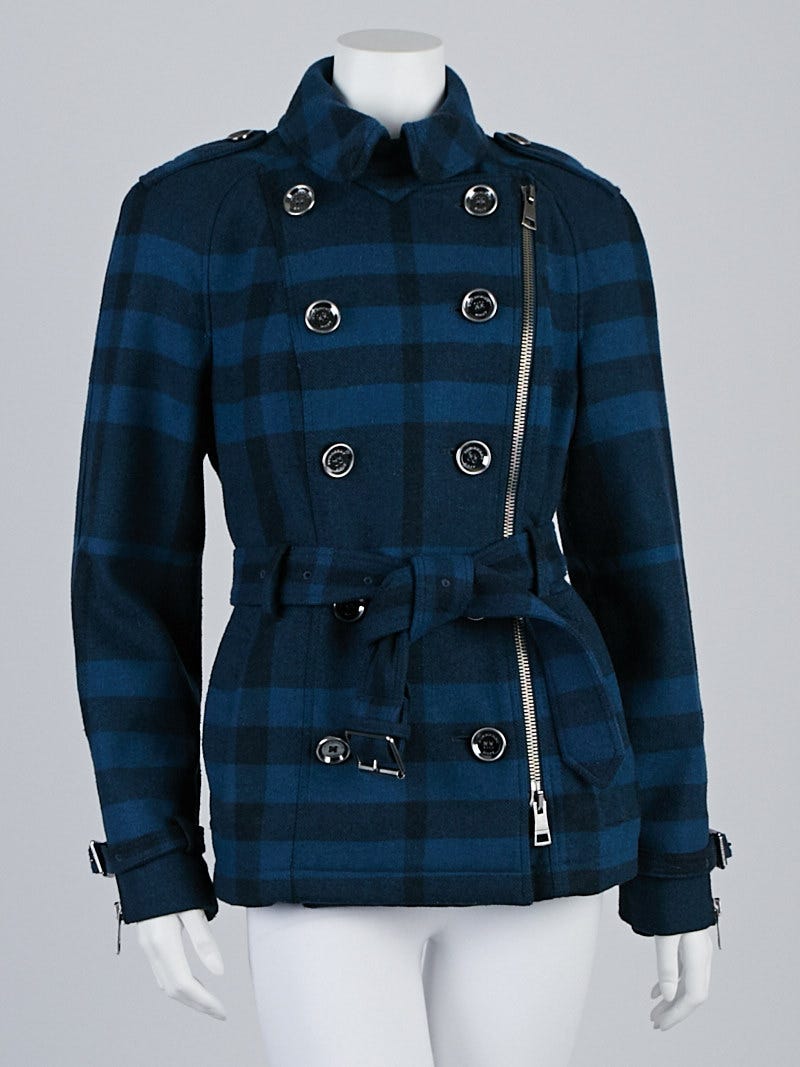 Burberry Brit Blue Plaid Wool Blend Short Pea Coat Size 10 - Yoogi's Closet