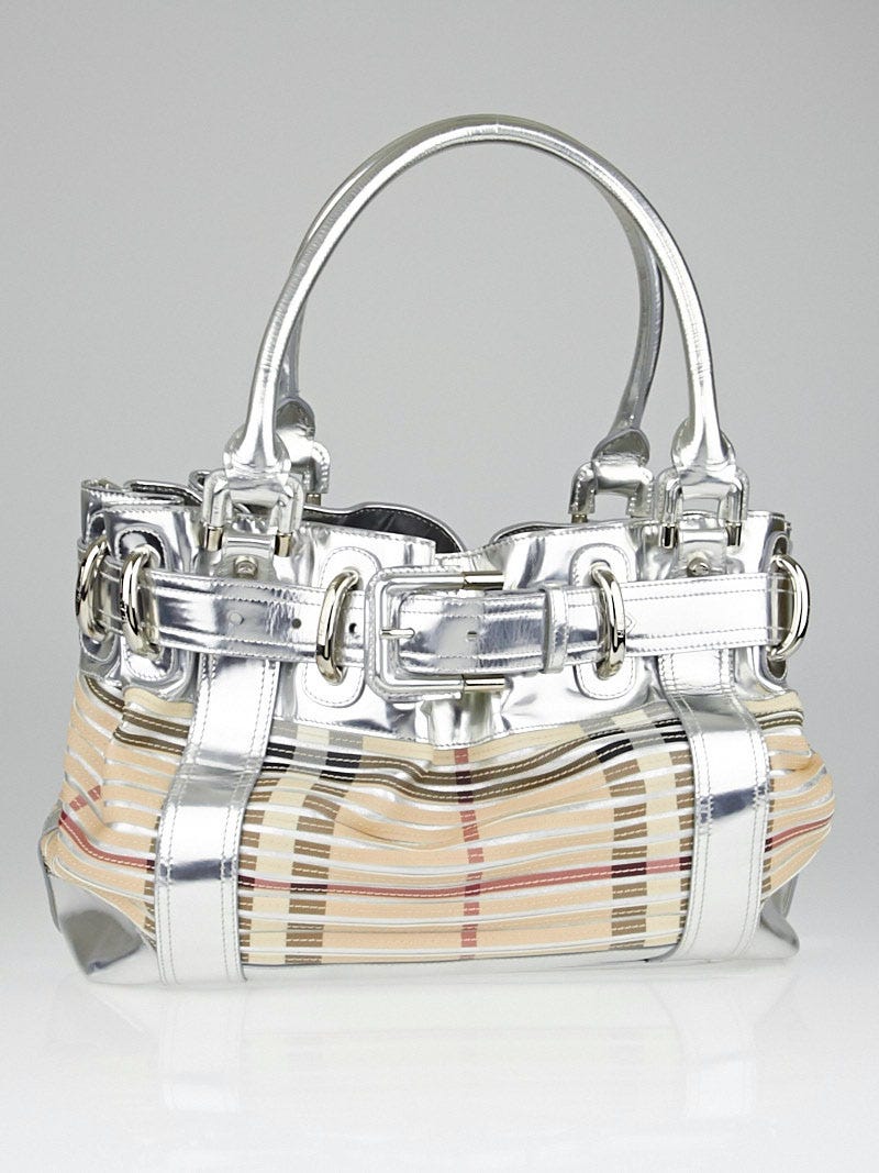 Burberry Sliced Check Silver Leather Large Beaton Bag Yoogi s Closet