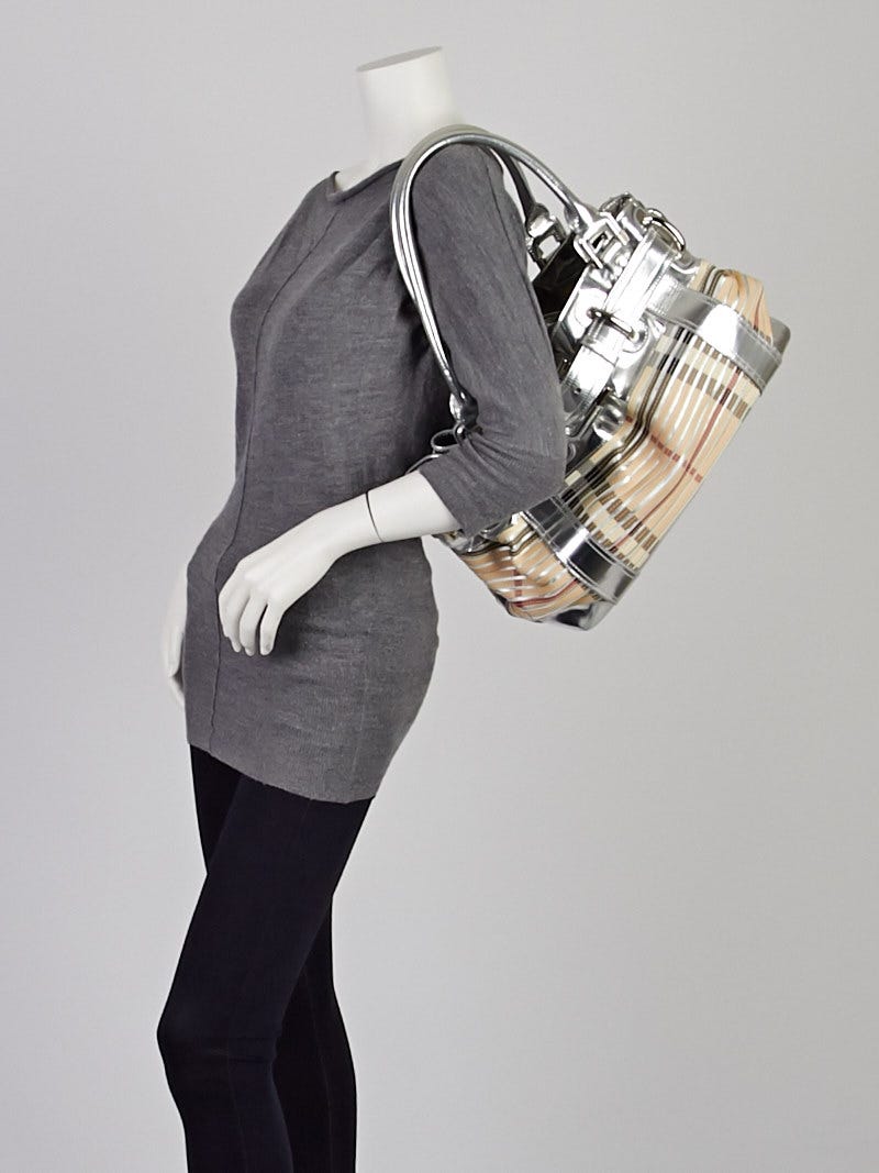 Burberry Sliced Check Silver Leather Large Beaton Bag
