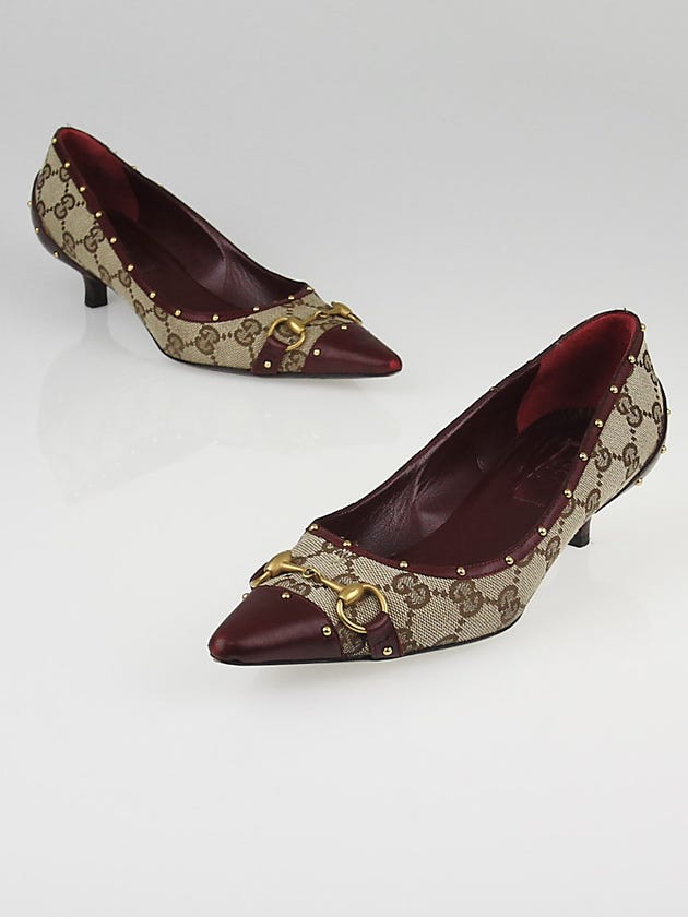 Gucci Beige/Ebony GG Canvas and Scarlet Leather Horsebit Kitten Heels Size 5.5