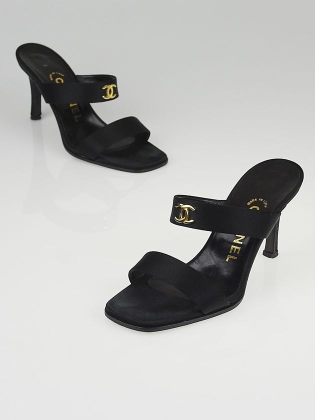 Chanel Black Satin CC Open-Toe Slide Mule Heels Size 5/35.5