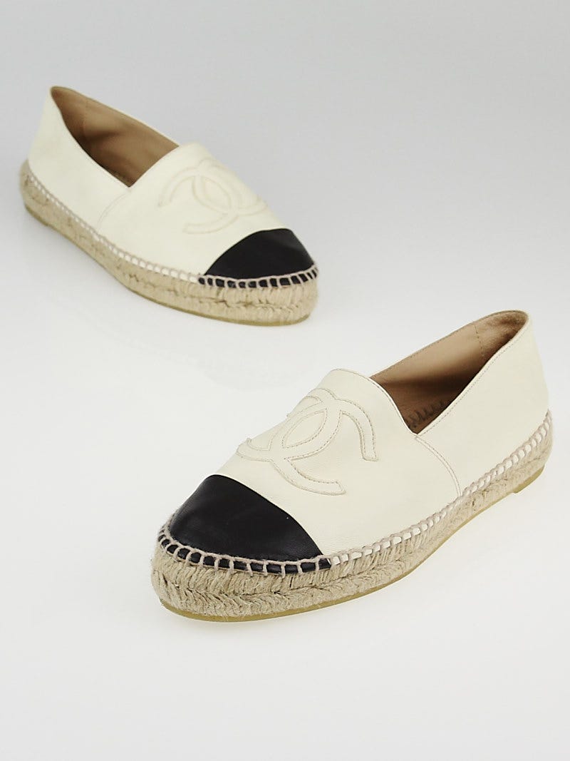 Chanel Black/White Leather CC Espadrille Flats Size 7.5/38