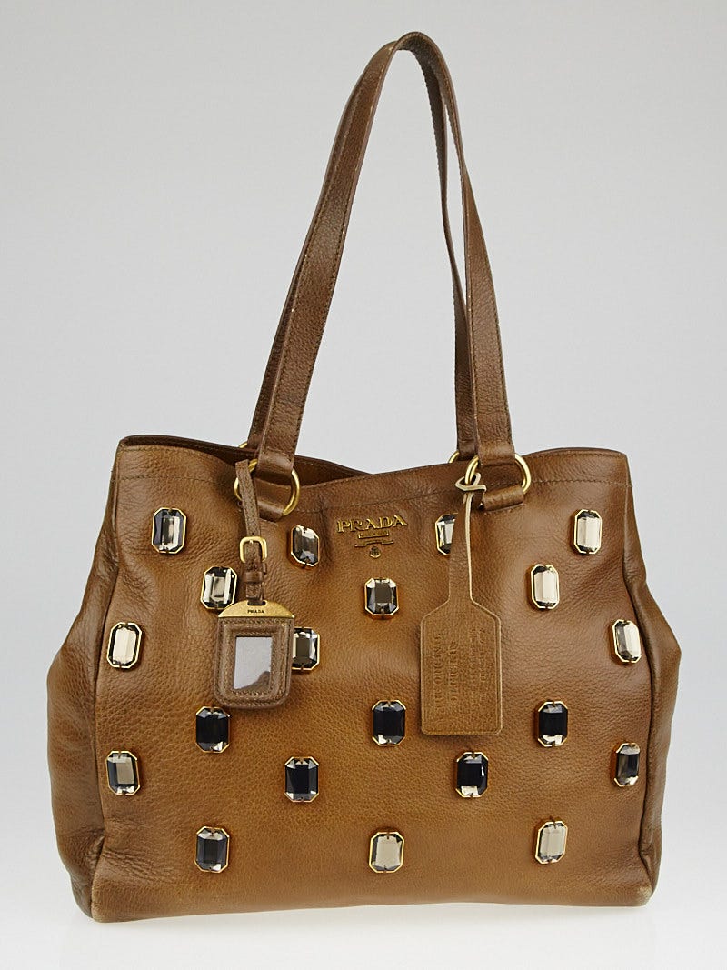 Prada Cammella Sfumato Cervo Leather Jeweled Shopping Tote Bag